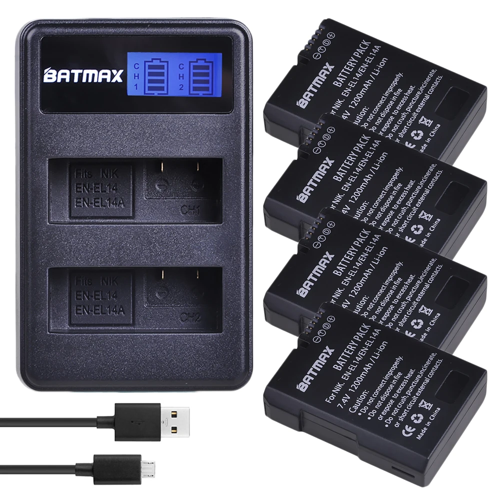 Batmax 4 шт. EN-EL14 EN-EL14A Батарея + ЖК-дисплей USB Dual Зарядное устройство для Nikon D3100 D3200 D3300 D3400 D3500 D5600 D5100 D5200 P7000