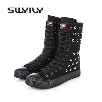 

SWYIVY Women Vulcanize Canvas Shoes High Top Rivet Hole Breathable Female Casual Shoes Cos Play Sneakers Platform Vulcanize 43