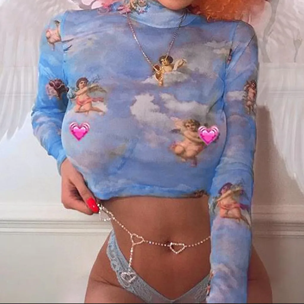 

Sexy Women Short Sleeve Crop Top Vest Casual White Tank Blouse Blue Sky Clouds Print Net Yarn Short Top Colete *