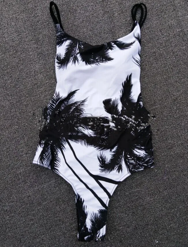 2016 print one piece swimwear Sexy halter straps women swimwear palm ...
