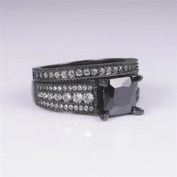 

Size 5/6/7/8/9/10 Retro Black Square Simulated Diamond ring Wedding Rings for Women Luxury 10KT Black Gold ring set 2-in-1