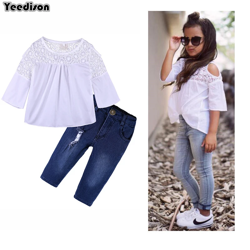 Yeedison Baby Girls Clothes Set 2018 Summer Babies Kids Outfit Off Shoulder Tops Denim Pants Suits Fashion Children Clothing Set (1)