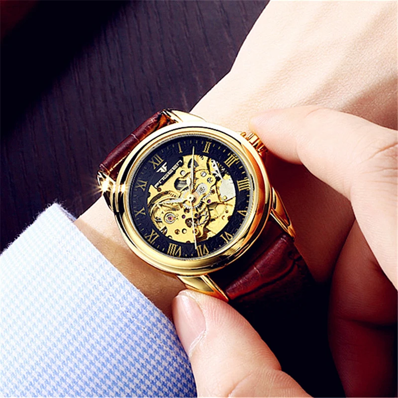 

FNGEEN Black Men's Watch Business Mechanical Clock Gold Dial Automatic Winding Sports Male Openwork Waterproof Luxury Men Brand