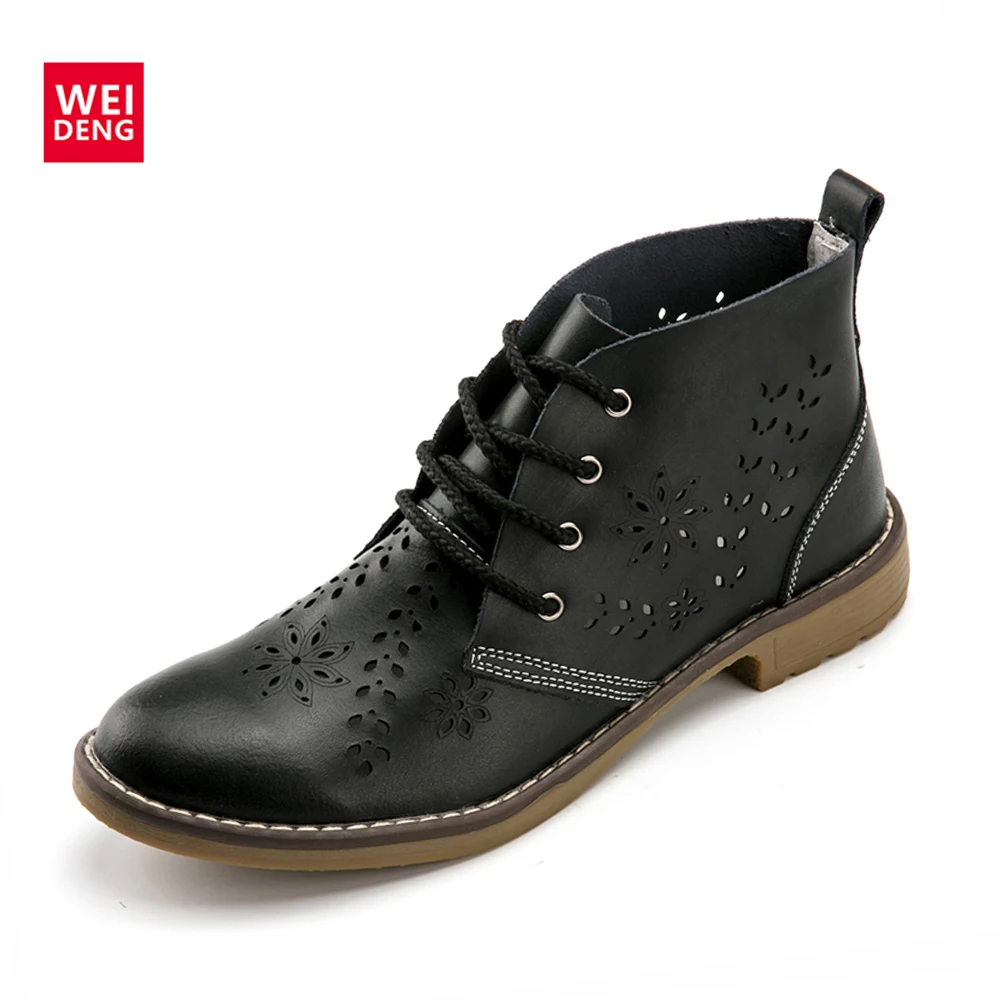 WeiDeng Genuine Leather Brogue Martin Boot Oxford Motorcycle Boots Lace Up Women Flats Ankle Rubber Shoes Winter Large Size