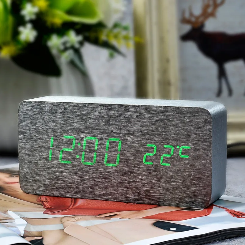 Suncree Деревянный цифровой светодиодный Будильник reloj despertador контроль звука температура электронный стол настольные часы - Цвет: sliver green