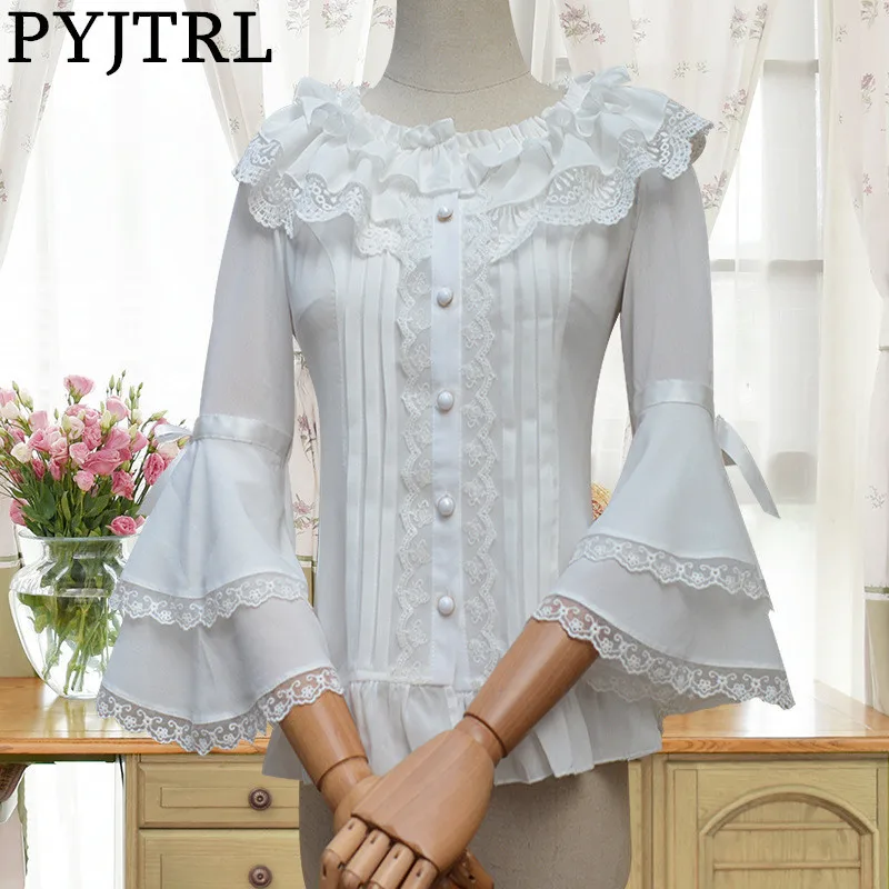 

PYJTRL Spring Autumn Elegant Lace Lolita Horn Sleeve Chiffon Shirt Fashion Casual White Blouse Female Shirts Women Clothes