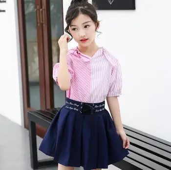 

Summer Style Girls Clothing Sets 6 8 9 10 11 12 13 14 Kids Outfits Striped Shirts + Skirts 2pcs Teenage Baby Girls Clothes Suits