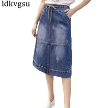 Новинка, женские летние джинсовые юбки, эластичная лента, высокая талия, джинсовая юбка для женщин, плюс размер, 4 5XL, длинная свободная джинсовая юбка, летняя, A488