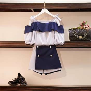 

HAMALIEL High Quality Fashion Summer Slash Neck Ruffles Patchwork Shirt Tops Women 2PCS Pant Set + Double Breasted Short Suits