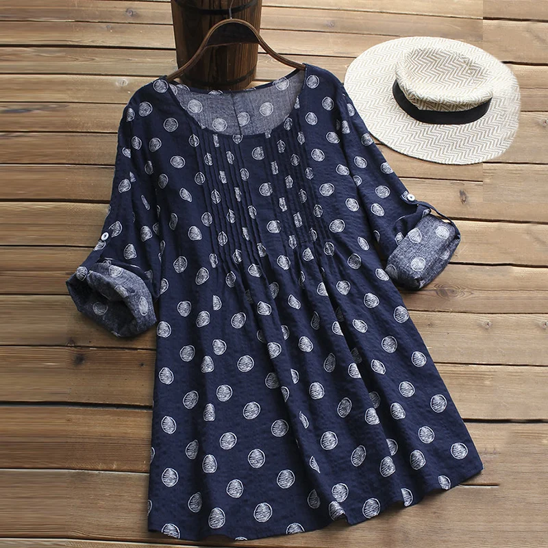 Cotton Linen Printed Loose Long-sleeved Long Section Large Size L-5XL Women's Clothing  Polka Dot Mini Baggy Tunic Shirt Blouse