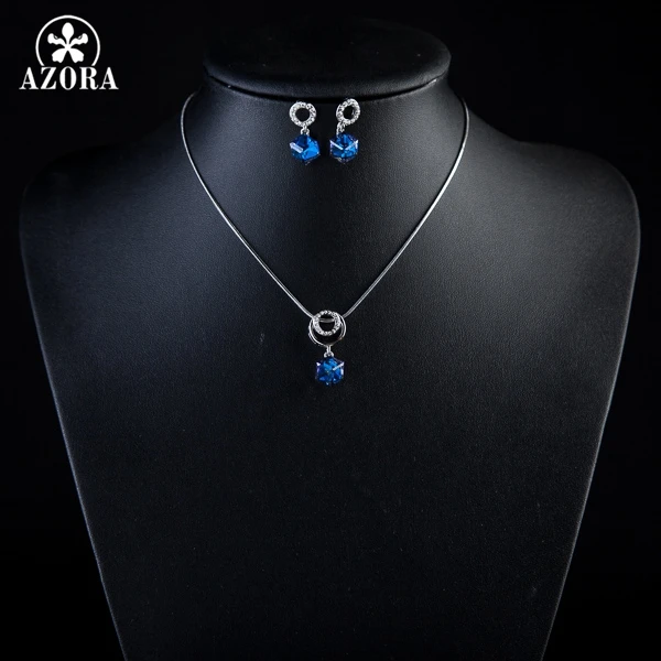 AZORA White Gold Color Bule Stellux Austrian Crystal Cube Drop Earrings and Necklace Jewelry Set TG0032