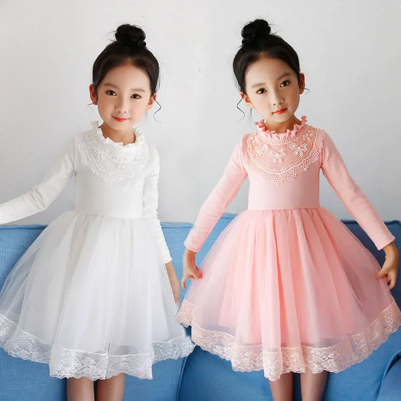 

Pink White Baby Girls Party Dresses Long Sleeve Dress Autumn Winter Long Sleeve Dress For Kids Girls For 4-9Y