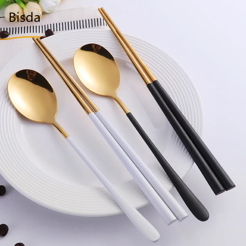 5 комплектов корейские палочки ложка набор из нержавеющей стали золотой черный набор палочек для еды использовать для суши Белая Ручка Посуда