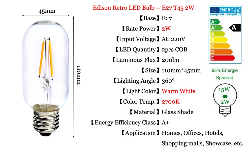 COB светодиодный лампочка накаливания, подвесной светильник, 2 Вт, 4 Вт, 6 Вт, 8 Вт, E27 + E27, Ретро лампа Эдисона