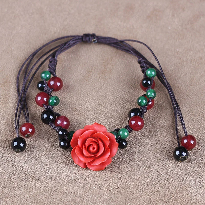 GAXIU New Hazy Rain Natural Stone Bracelet & Ethnic Wind Vintage Red Flower Bracelet & Women