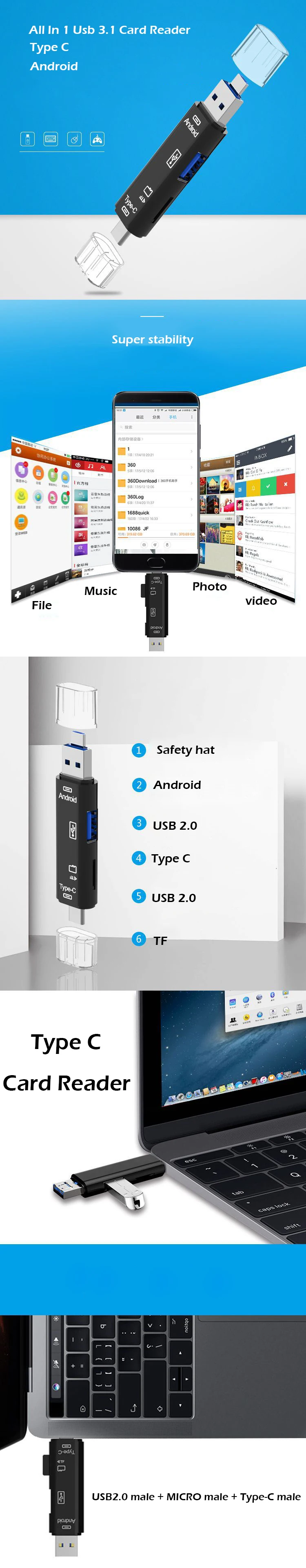 Все в 1 Usb 3,1 кард-ридер высокоскоростной SD TF Micro SD кард-ридер Тип C USB C Micro USB память OTG кард-ридер