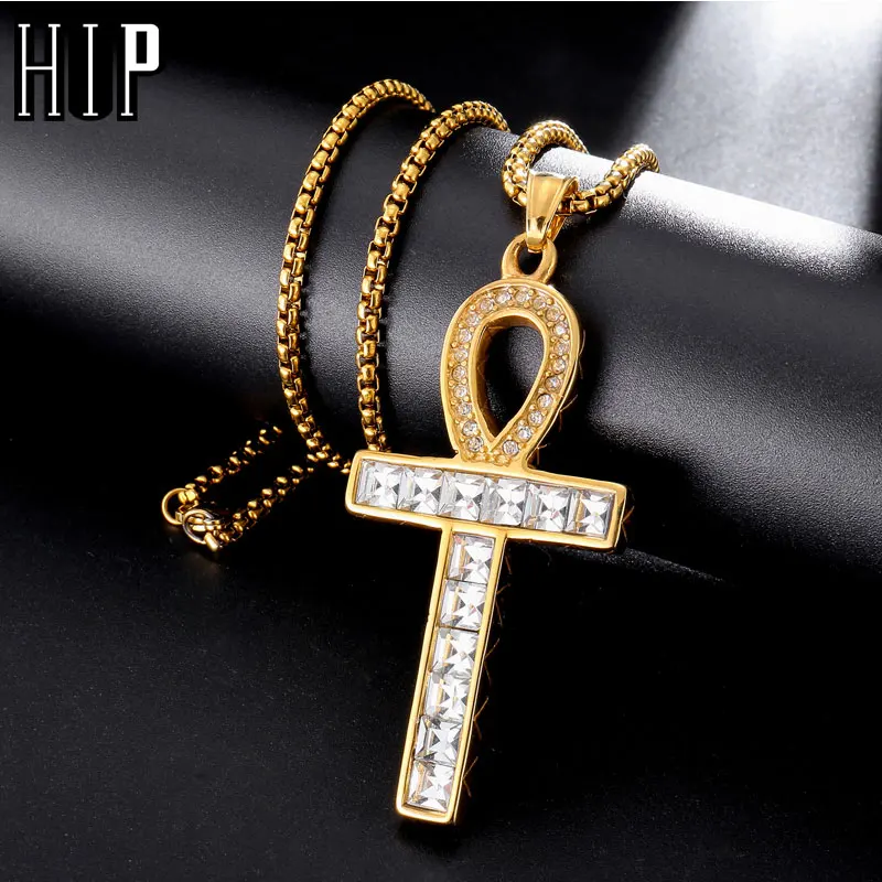 

HIP Hop Iced Out Bling Cross Rhinestone Ankh Necklaces Pendants Men Key of Life Pendant Link Chain Necklace For Men Jewelry Gift