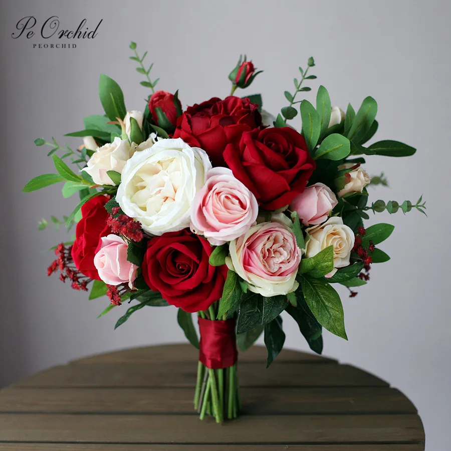 Bouquet Sposa Vintage.Peorchid Pink Red Flowers Wedding Bouquet Peony Rose Artificial