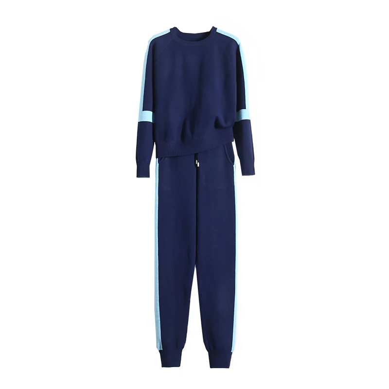 

2019 O-neck Drawstring Wool Fiber Full Suit Fashion Color Matching Knit 2 Piece Set Two Top And Pants Women Sets Clothes