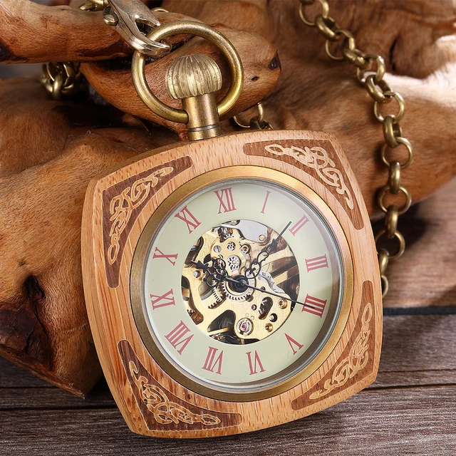 Wooden Case Mechanical Pocket Watch Antique Gold Skeleton Hollow Waist Watches S Wooden Case Mechanical Pocket Watch Antique Gold Skeleton Hollow Waist Watches S
