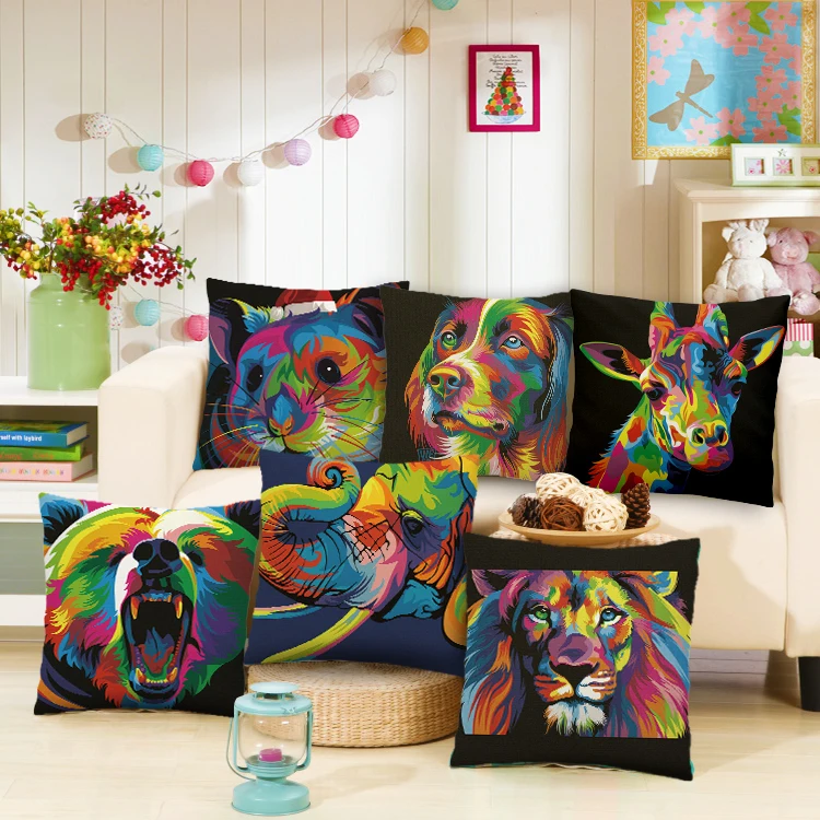 

Outlets NEW fashion COLORFUL 3D ANIMAL print Cushion Cover Cotton Linen Throw Pillow Case Sofa Bed decoration Pillow Case