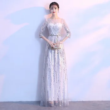 

Bling V-Neck Full Length Chinese Sexy Sequins Oriental Party Female Cheongsam Stage Show Qipao Elegant Celebrity Banquet Dresses