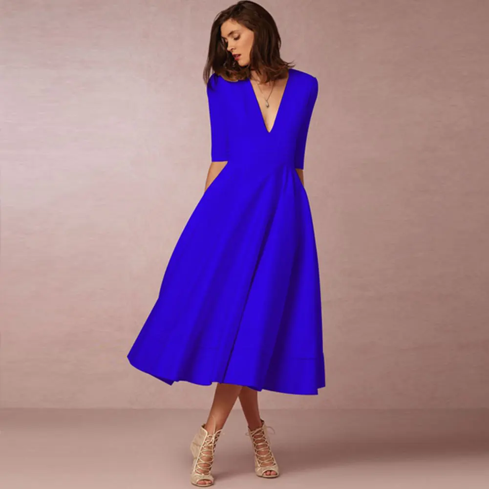Офисное женское сексуальное вечернее платье OL Lady Deep V Neck Half Sleeve Solid color Длинные