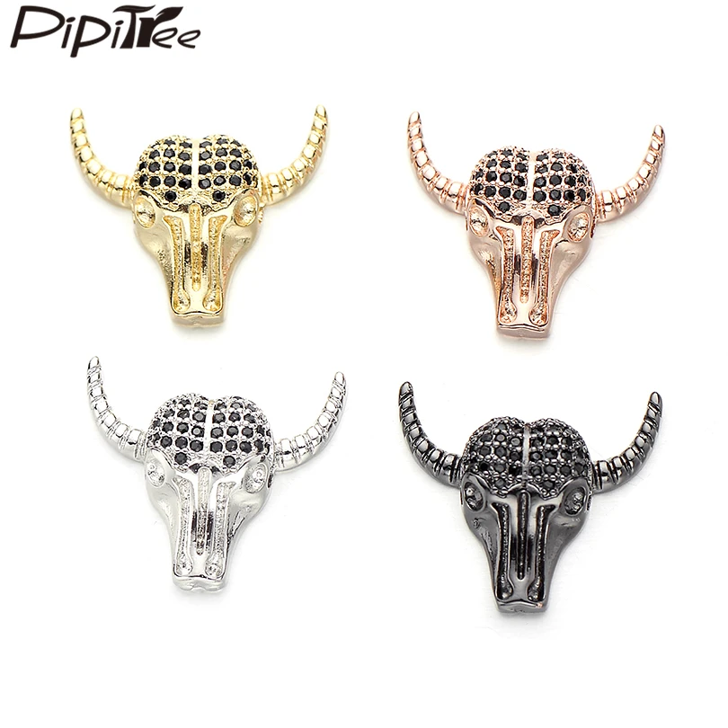 Бусины Pipitree 3 шт./лот с черным фианитом в виде головы крупного рогатого скота