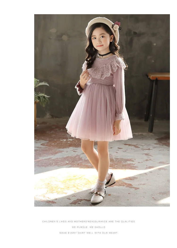 New Spring Autumn Children Lace Dot Princess Dress Teen Girls Tassel Mesh Causal Dress Kids Girl Cotton Solid Vestido Q635