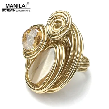 MANILAI Boho Handmade Big Champagne Crystal Rings For Women Fashion Jewelry Gold Color Wire Helical Wound Beads Finger Ring