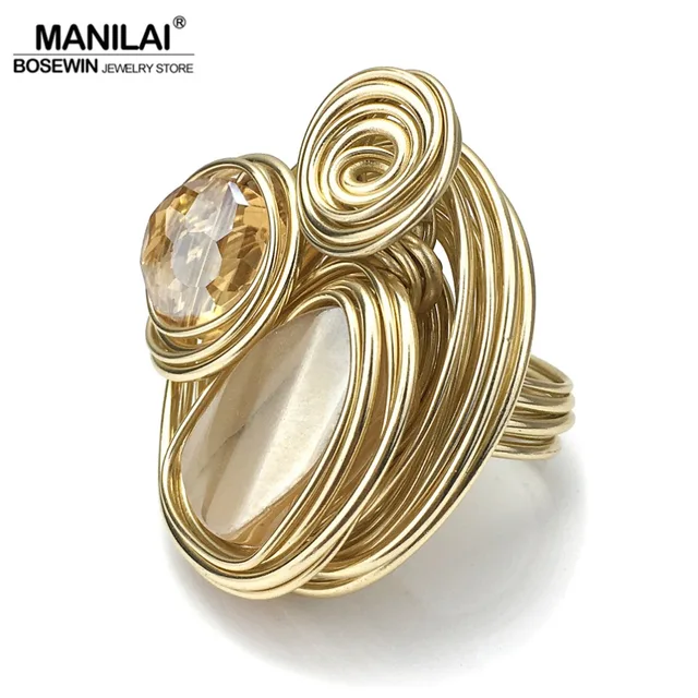 MANILAI Boho Handmade Big Champagne Crystal Rings For Women Fashion Jewelry Gold MANILAI Boho Handmade Big Champagne Crystal Rings For Women Fashion Jewelry Gold