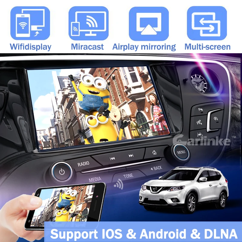 Carlinke 5G Wifi Display Converter IOS Android Smart Phone to Car TV by Airplay Mirroring Miracast DLNA allshare ACC IOS10