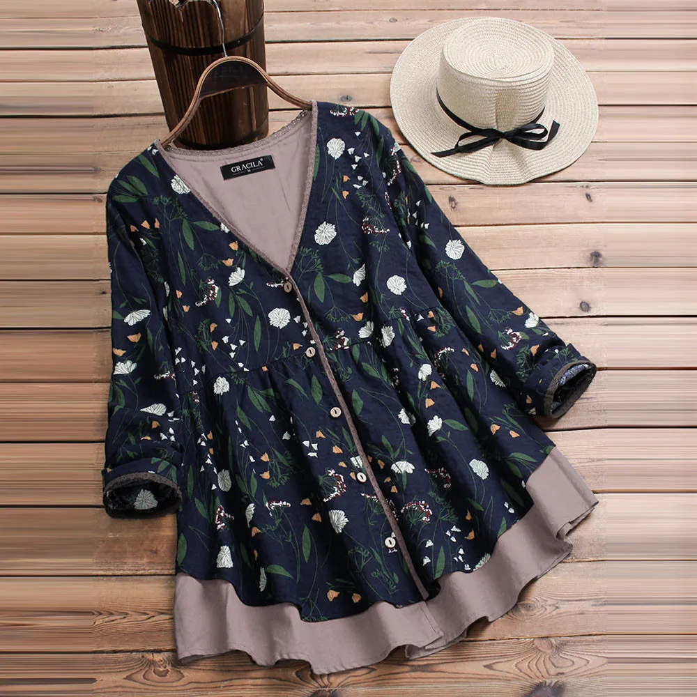 

Women Layered Floral Print Patchwork Vintage Blouse Splicing Easy Tops fashion women 2018 clothes shirts camisa feminina