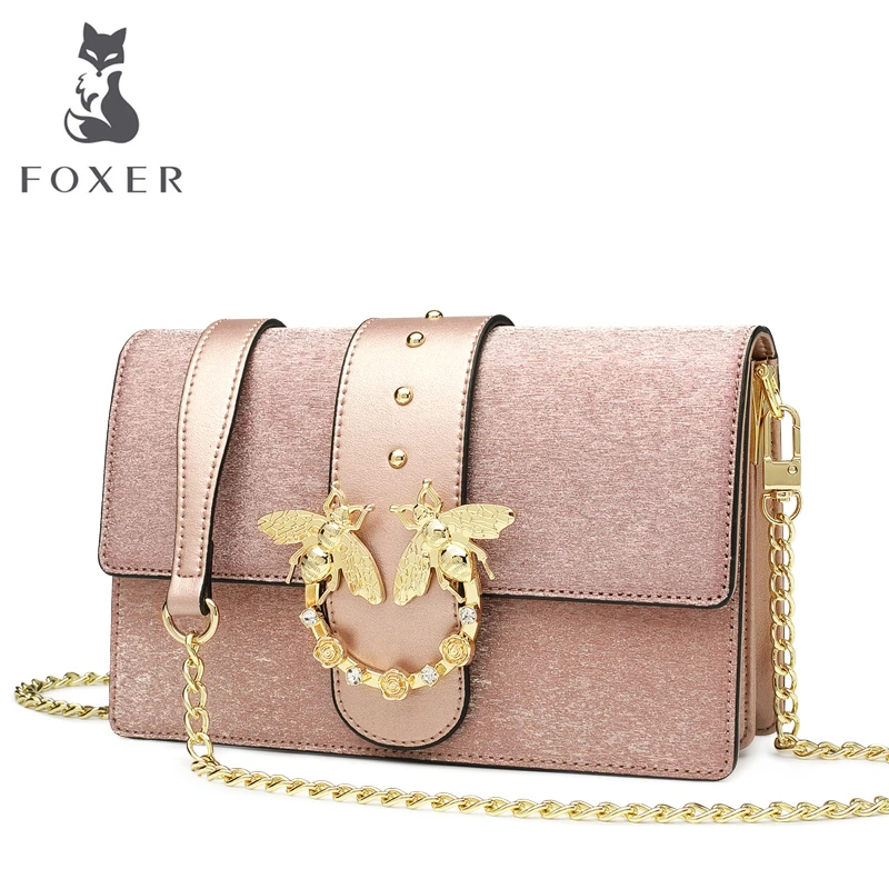 

FOXER Women Crossbody Bag Split Leather Shoulder Bag for Female Fashion Blingbling Messenger bags Girl Leather Cross-body Bags