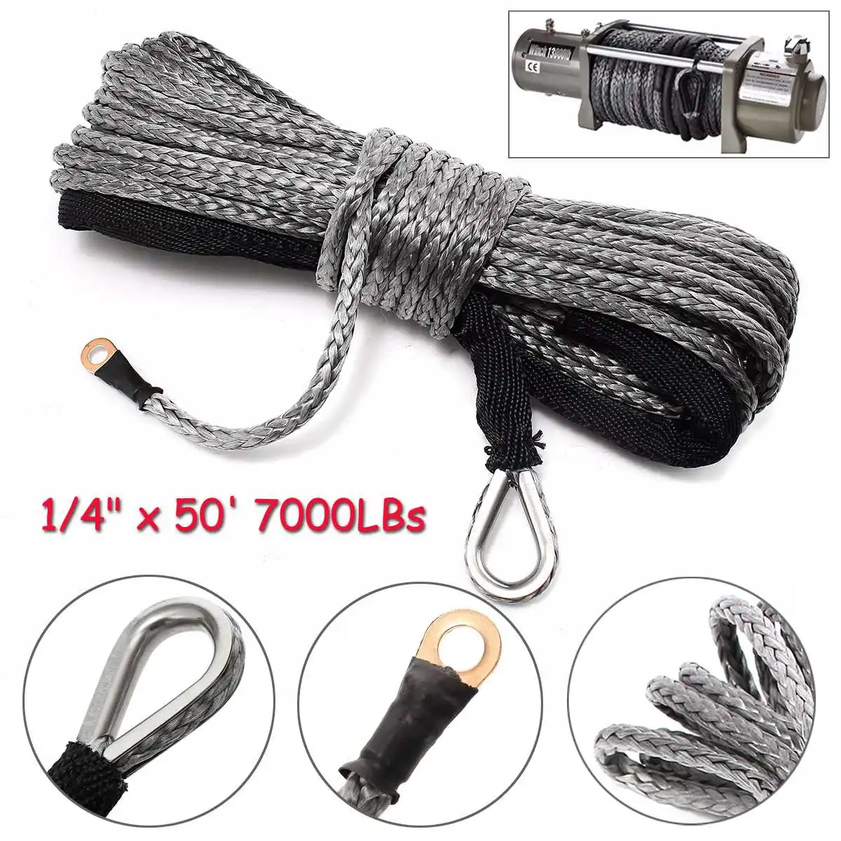 1/4 ''x 'رمادي الاصطناعية ونش خط كابل حبل 7000 + LBs مع غمد للمركبة SUV الطرق الوعرة 6 مللي متر x 15 m