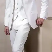 5 шт.(куртка+ брюки+ жилет+ платок+ галстук) с отворотами, белые, две пуговицы, красивый костюм на заказ, последний дизайн, мужские костюмы