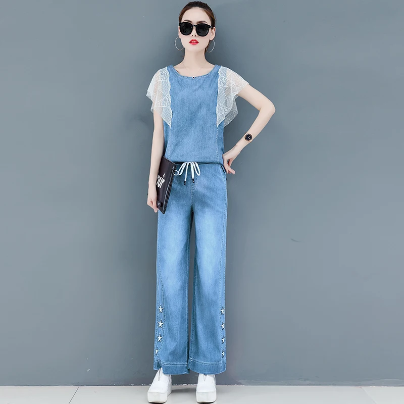 

Jeans Denim Suit Women 2019 Summer Two Piece Outfits Co-ord Set Wide Pants Suits and Top Sleeveless Lace Tracksuits Clothing