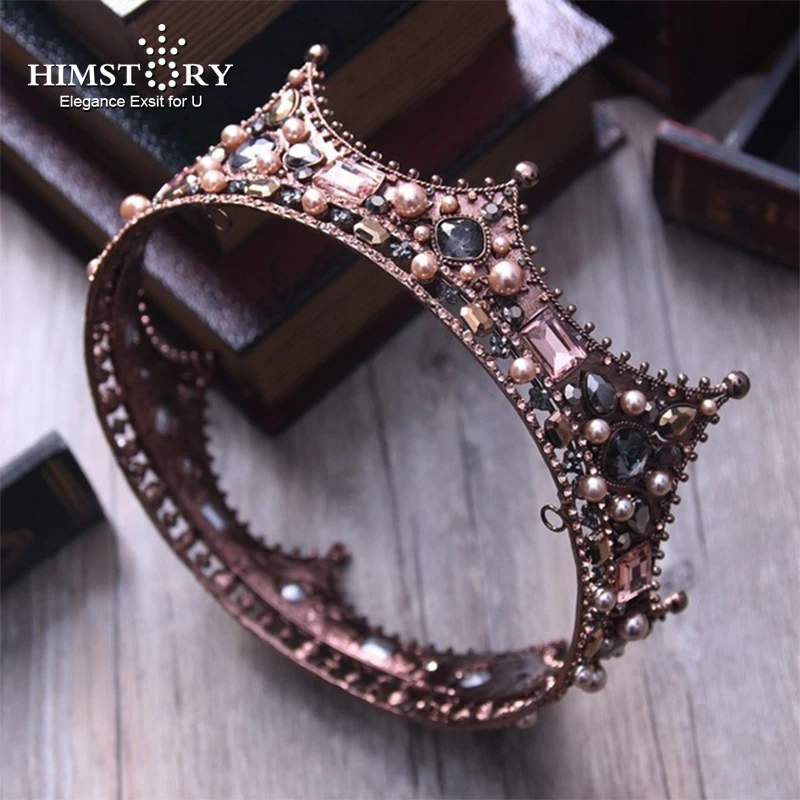 

Baroque Vintage Black Rhinestone Beads Round Big Crown Wedding Hair Accessories Luxury Crystal Queen King Crowns Bridal Tiaras