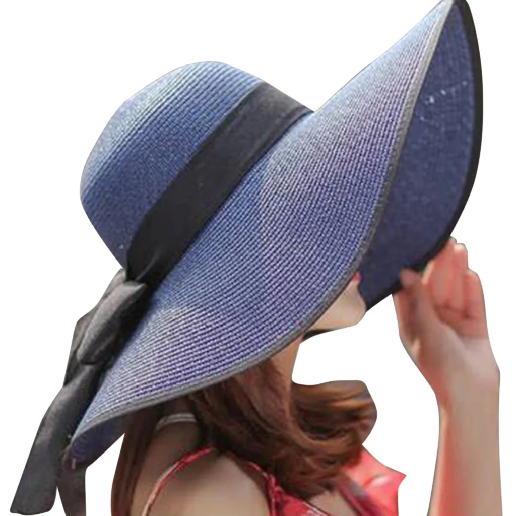 Eaglers Foldable Cotton Beach Bow Sunhats for Women Fashion Design Elegant Beach Sun Hat Ladies Lace Hollow Straw Hat