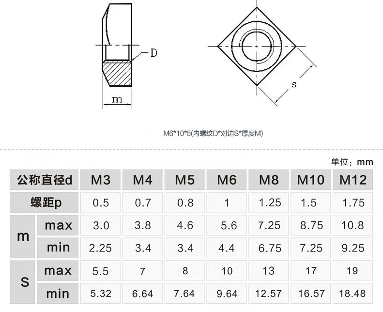 100 шт./лот DIN557 квадратная гайка из нержавеющей стали M3(5,5*2,4 мм) M4(7*3 мм) M5(8*3,8 мм