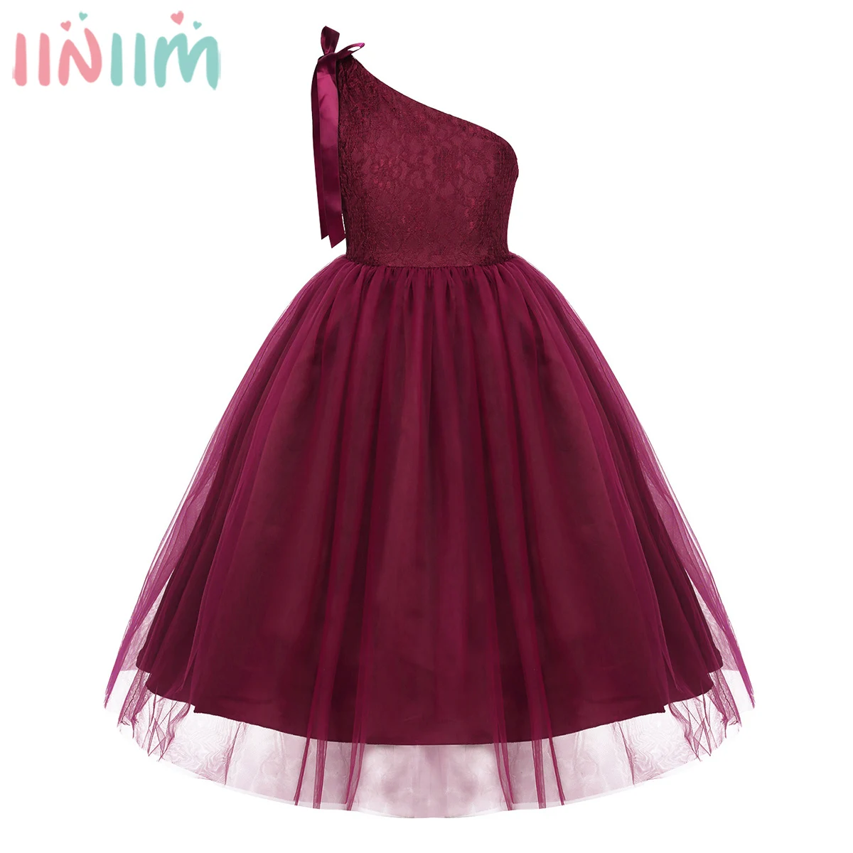 

iiniim Evening Dresses for Kids Teenage One Shoulder Princess Dress Embroidered Lace Bowknot Toddler Summer Prom Party Dresses