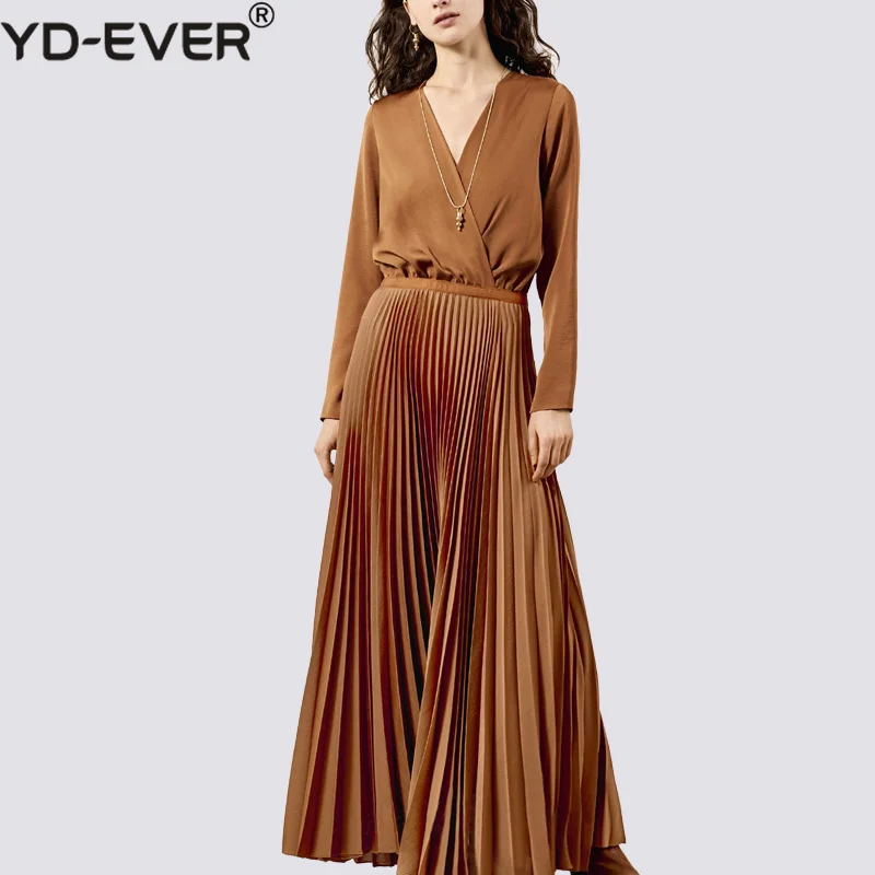 

Runway Designer V Neck Long Sleeve Maxi Dresses Women 2019 Spring Vintage Camel Solid Pleated Long Party Dresses Robe Femme