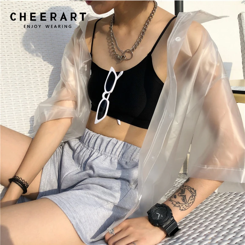 Tanie Cheerart Deszcz Dow oacute;d Streetwear Przezroczysta Koszula Kobiety Lato Sweterek Przepuszczalność Topy I Bluzki PCV Luźne G oacute;ry Femme 2018
