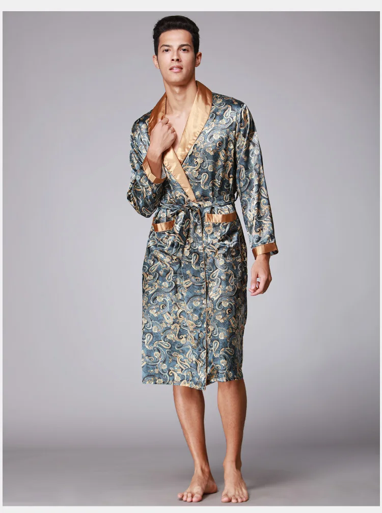 Мужские кимоно халаты с v-образным вырезом Faux шелковые халаты Ночная рубашка для мужчин старший атласная пижама лето Пейсли пижамы с