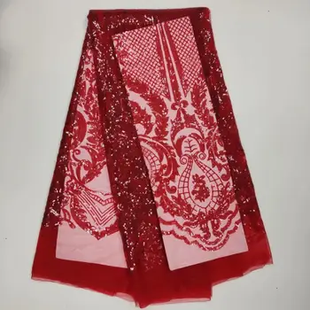 

2019 RED sequins lace fabric 5yard/lot african lace fabric with sequin high quality sequin fabric for Dress DHL free shipping