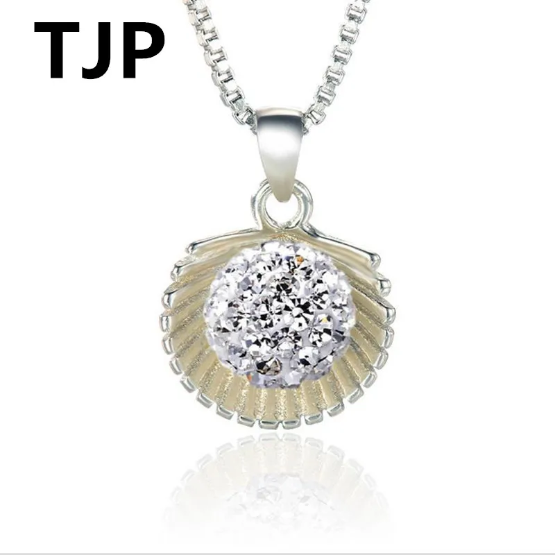 

TJP Lovely Scallop Pendants Necklace Female Jewelry Shiny Crystal Balls 925 Silver Necklace For Women Wedding Accessories