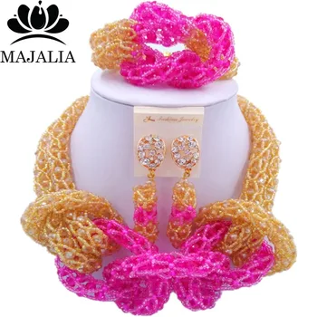 

Majalia New Fashion Nigerian Wedding African Jewelery Set Gold ab and Hot pink Crystal Necklace Bridal Jewelry Set 2RF013