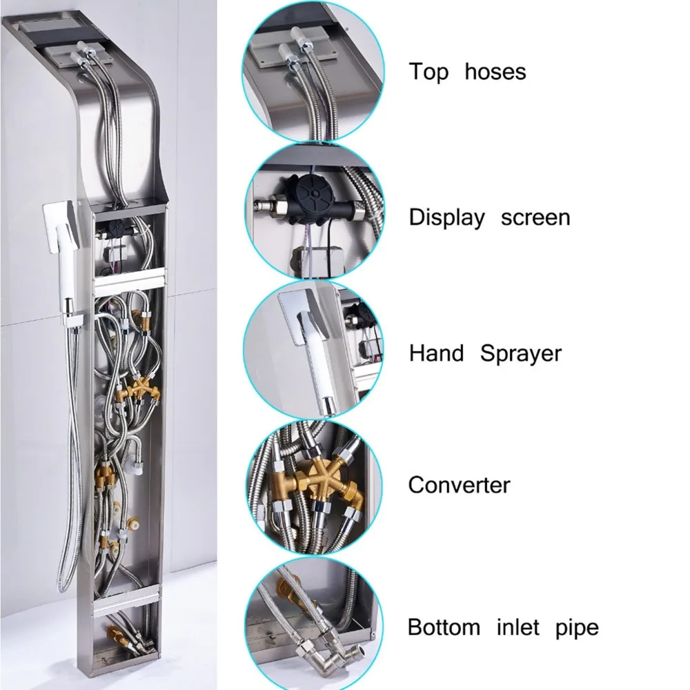 Душевая панель для ванной комнаты, колонка, матовый никель, светодиодный, дождь, водопад, душевая панель, большой дисплей, 2 массажные струи с Biedt и носиком для ванны