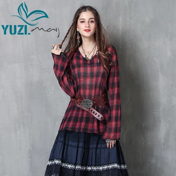 

Women's Shirt 2018 Yuzi.may Boho New Chiffon Blouses V-Neck Flare Sleeve Plaid Vintage Pleated Loose Women Blouse B9226