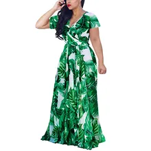 Robe longue style bohème pour femmes, imprimé feuilles, style Boho, Maxi, Sexy, décolleté en V profond, manches courtes, taille haute, ceintures, été